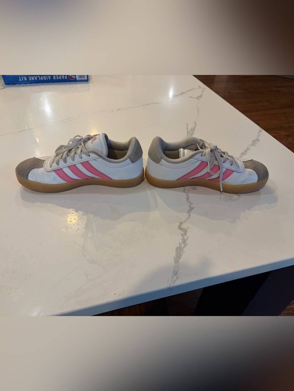 adidas Kids White Sneakers with Pink Stripes and Gum Sole - Girl Size 4